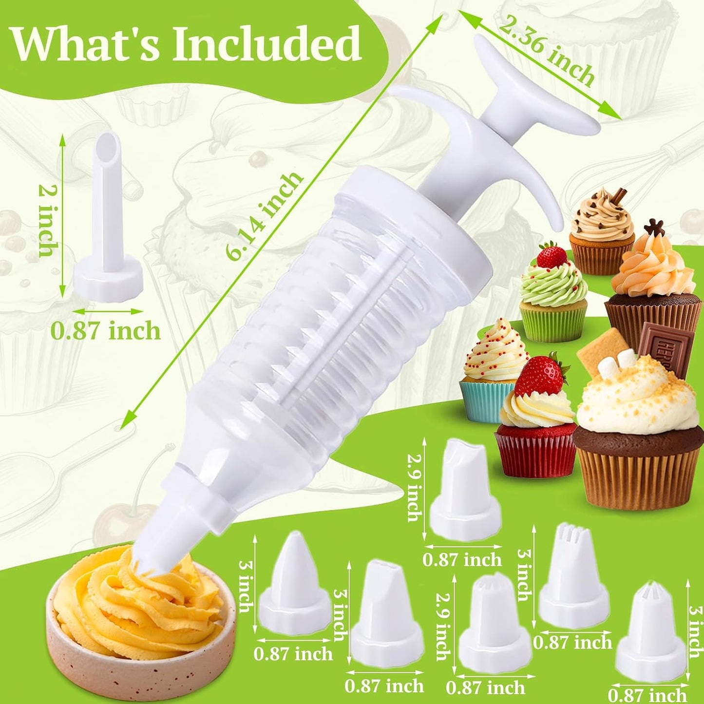 Professional Cake Decorating Kit, Piping Nozzle with Syringe, 8 Plastic Pastry Tips