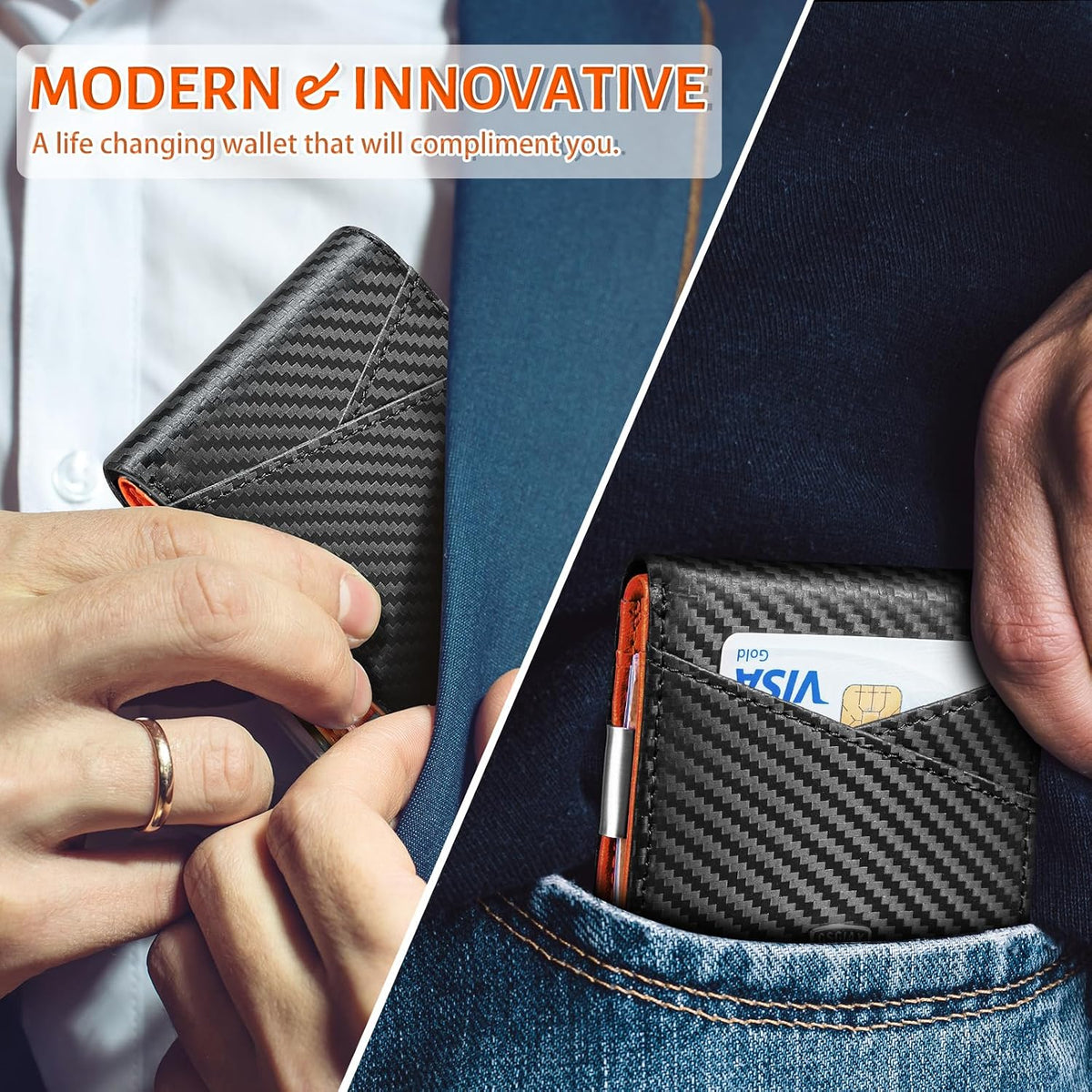 Slim Wallet for Men - Minimalist Genuine Leather Carbon Fiber Rfid Blocking Bifold Credit Card Holder