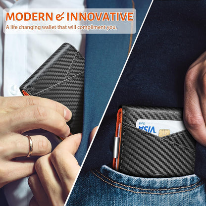 Slim Wallet for Men - Minimalist Genuine Leather Carbon Fiber Rfid Blocking Bifold Credit Card Holder