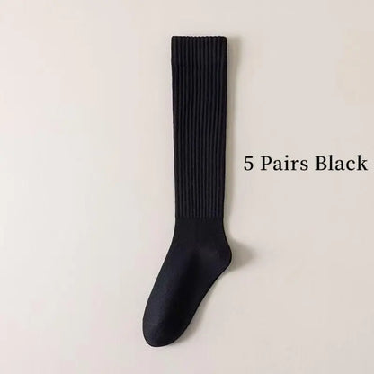 Women's 5-Pair Pack Thermal Thickened Mid-Calf Socks – Slim-Fit Solid Color with Side Stripe