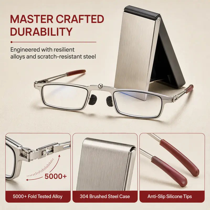 Portable Folding Pocket Reading Glasses, with Slim Metal Phone-Attachable Storage Case
