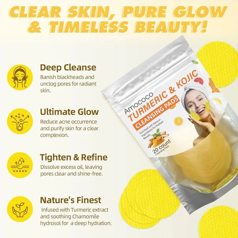 Turmeric & Kojic Acid Cleansing Pads - 20pcs Normal Skin Gentle Facial Cleanser Pads