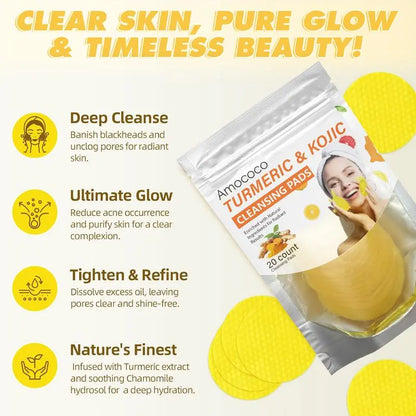 Turmeric & Kojic Acid Cleansing Pads - 20pcs Normal Skin Gentle Facial Cleanser Pads
