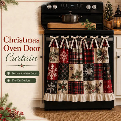 Christmas Stove Skirt, Patchwork Oven Curtain with Ruffled Trim and Bow Tie Accents