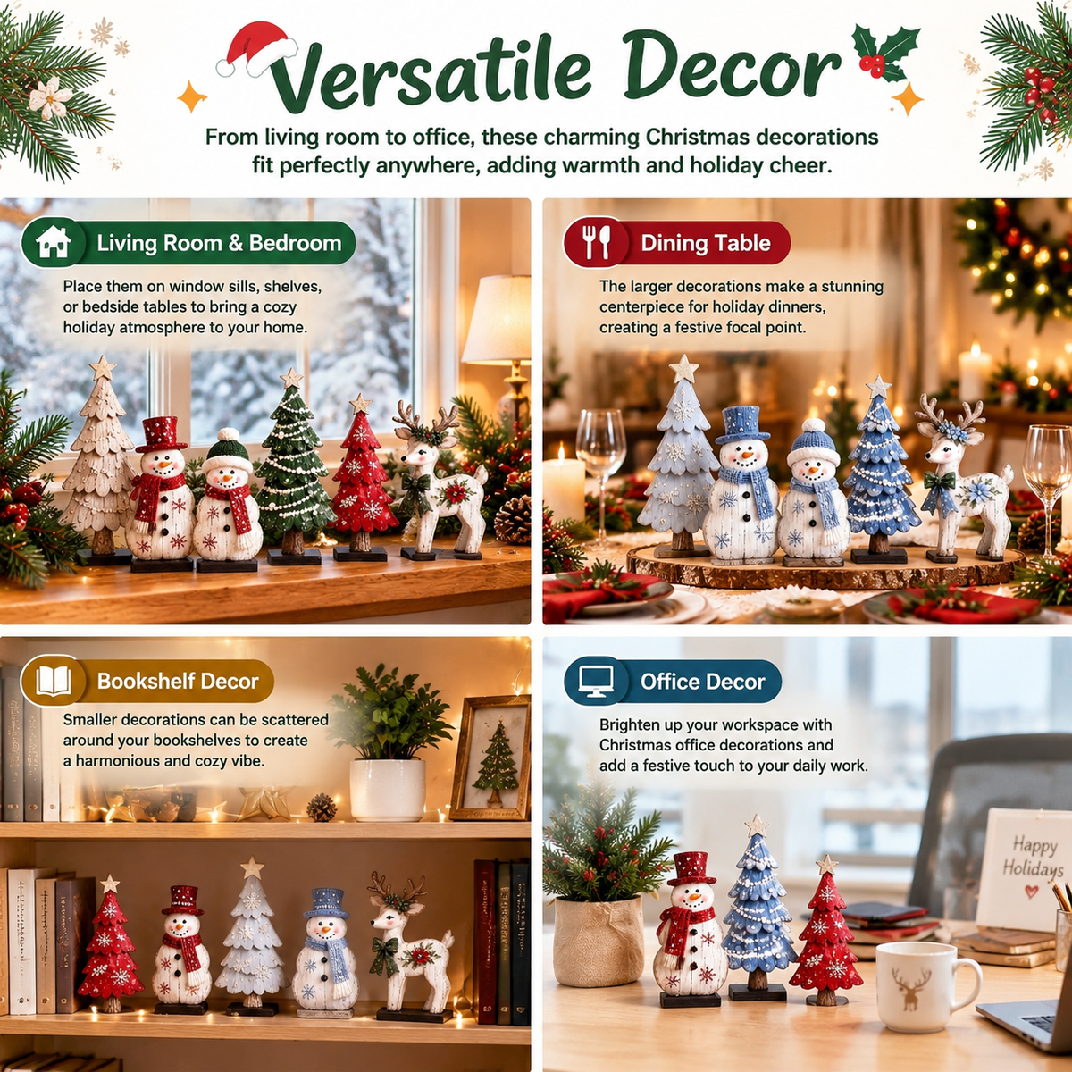 7 Pcs Christmas Table Decor Wooden Snowman Tree Deer Decor