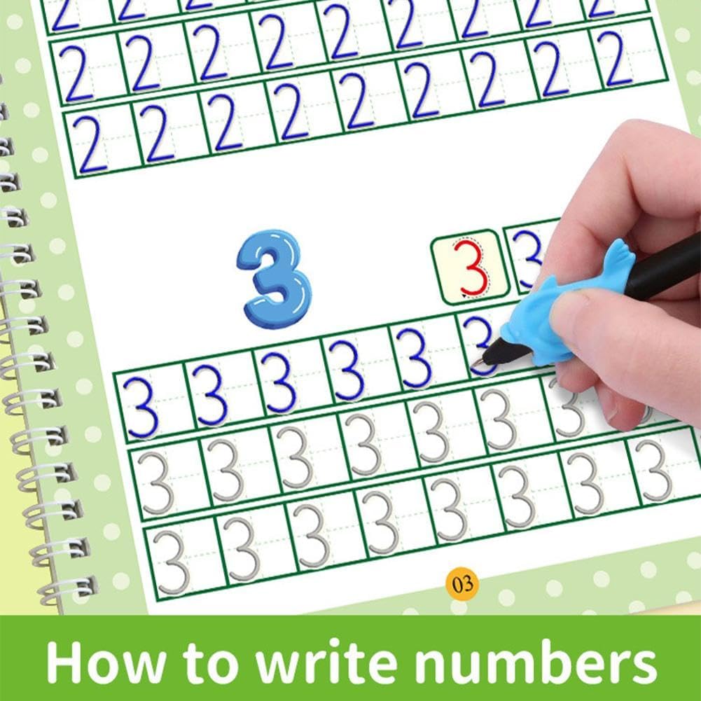 Magic Grooved Writing Practice Books - Full Set 4 Book with 10 Replacement Refills+1 Pen+1 Pencil Grip