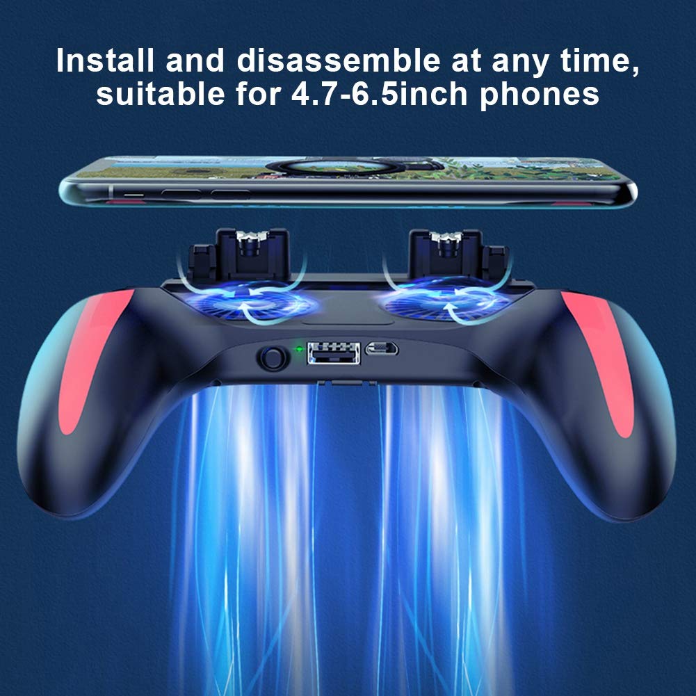 Fast Heat Dissipation No Noise 4 Fingers Mobile Game Controller with Dual Cooling Fan Suitable for 4.7-6.5inch phones(5000mah)