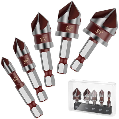 5PCS Countersink Drill Bit Set, 82 Degree HSS Counter Sink Drill Bits for Wood, Metal, Plastic
