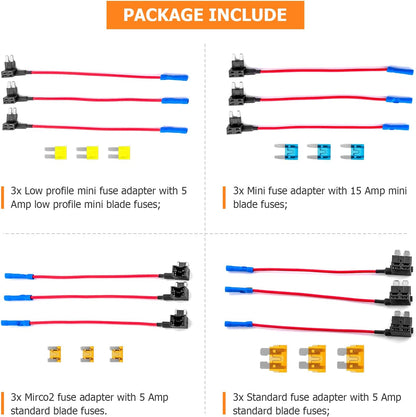 4 Types 12V Cars Add-a-Circuit and Fuse Kit - Dual-Slot Blade Fuse Holders（12Pack）