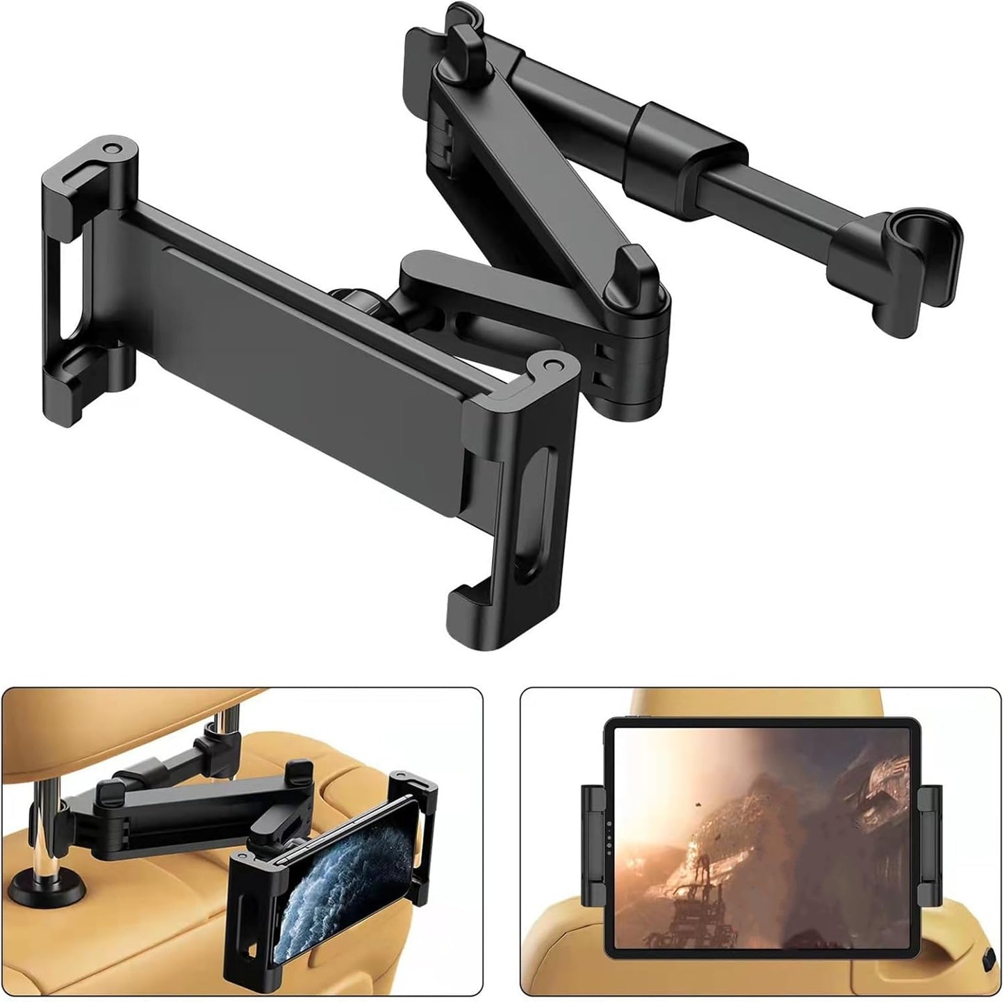 360° Adjustable iPad Car Tablet Holder - Back Seat for Kids & Adults, Compatible with 4.7-12.9in Devices