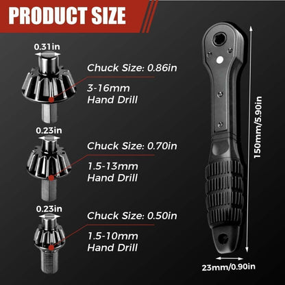 3 in 1 Drill Chuck Ratchet Spanner with Extended Arm for Added Torque Compatible with Most Electric Drills and Power Tools