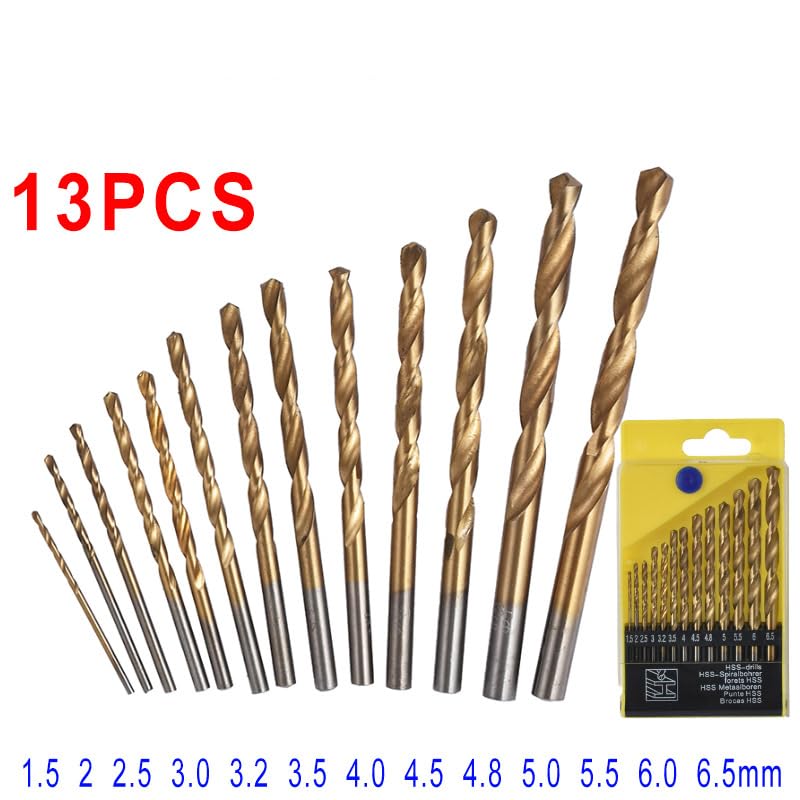 Titanium Twist Drill Bit Set - 13Pcs Hex Shank High Speed Steel for Wood Plastic Aluminum Alloy, Quick Change, 1.5-6.5mm