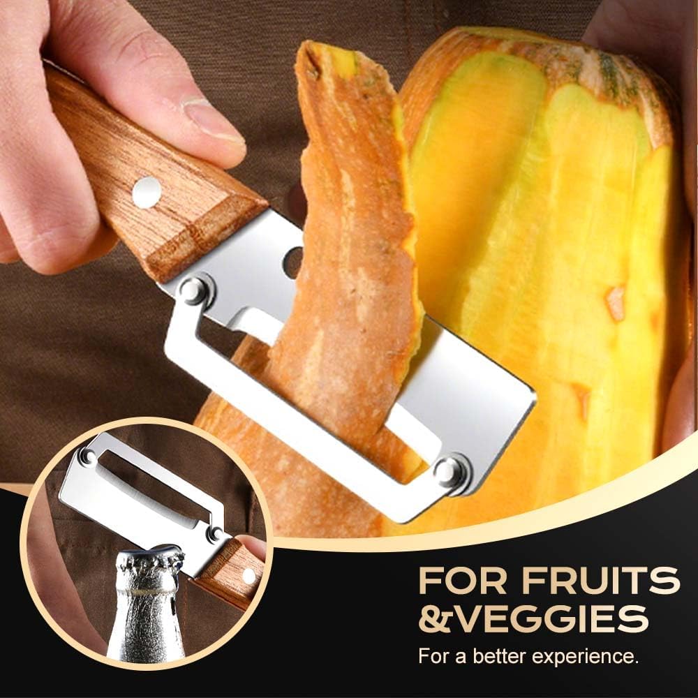 2pcs 2 in 1 Multi-Functional Stainless Steel Blade Vegetable Peeler with Bottle Opener & Wooden Handle