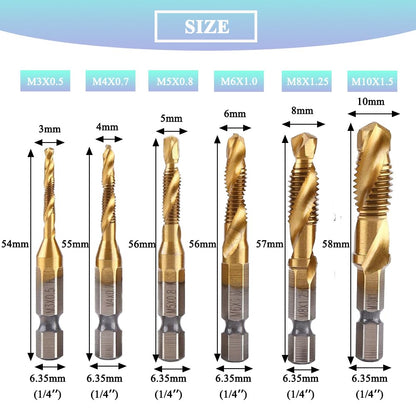6pcs HSS Combination Drill and Tap Set - 1/4 Inch Hex Shank Screw Tapping Bit Titanium Coated Tap Drill Bit M3 M4 M5 M6 M8 M10
