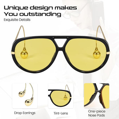 Oversized Aviator Sunglasses for Women With Earring Trendy Large Big Double Bridge