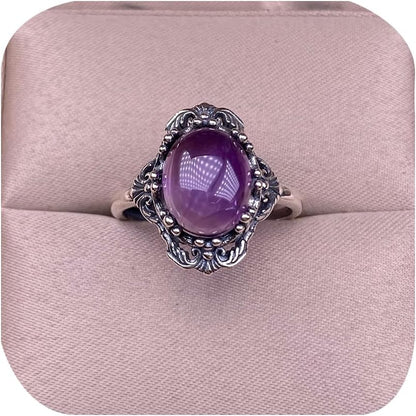 Luxury Oval Amethyst Rings for Women Nepalese lace Silver Vintage Adjustable Open Purple Gemstone Ring