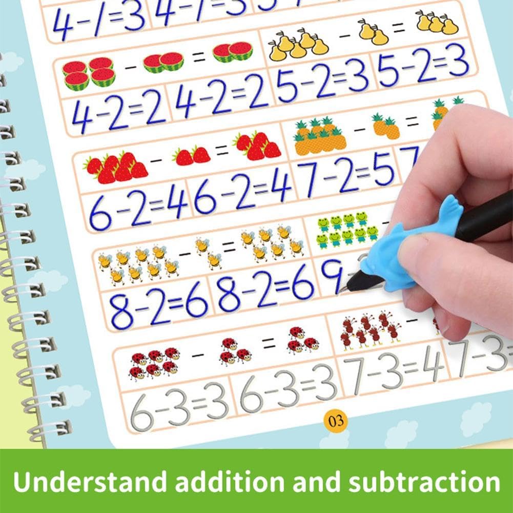 Magic Grooved Writing Practice Books - Full Set 4 Book with 10 Replacement Refills+1 Pen+1 Pencil Grip