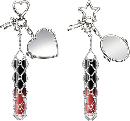 2Pcs Lip Gloss Storage Keychain — Features a Mirror and a Cute Bow Charm
