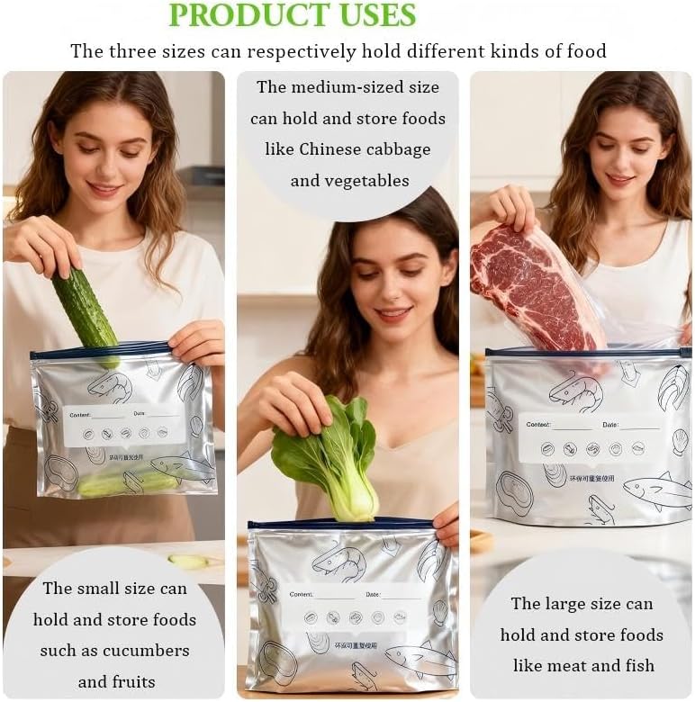 10Pcs Reusable Aluminum Foil Sealable Storage Bags,Seafood Meat Self-sealing Freezer Bags,bags with labels and zippersmade