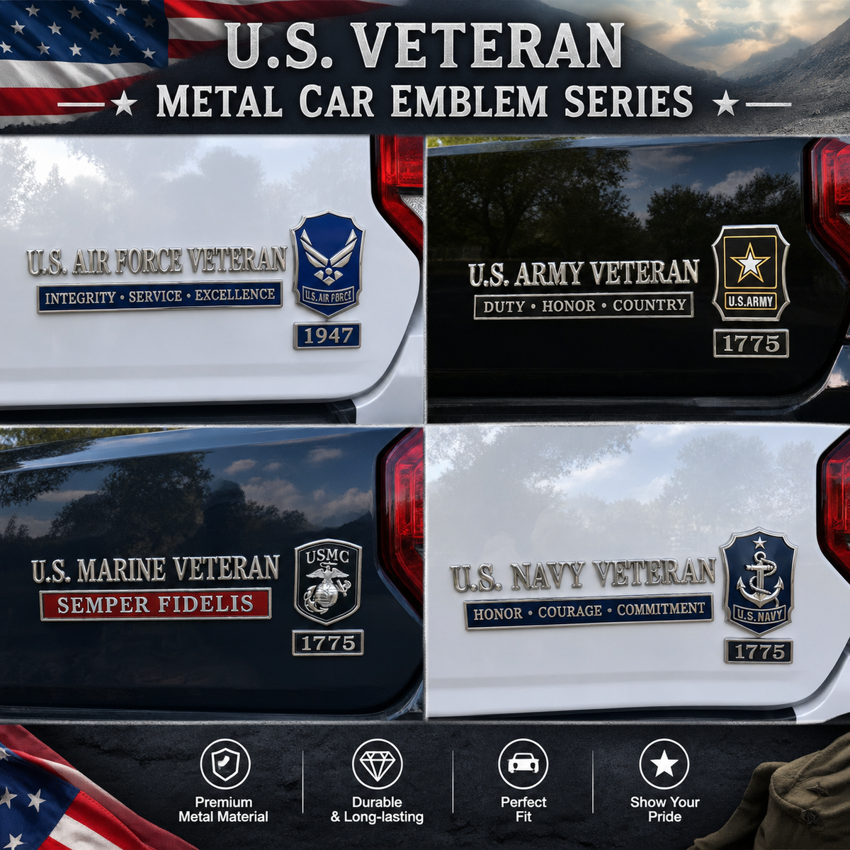 US Veterans Metal Car Emblem/Badge Series
