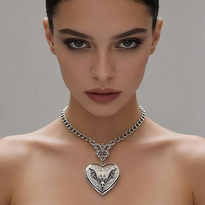 Bat Heart Necklace for Women, Gotic Locket Pendant Jewelry
