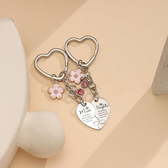 Mother Daughter Matching Keychain - 2 Piece Metal Heart Keychain, Charm for Purse
