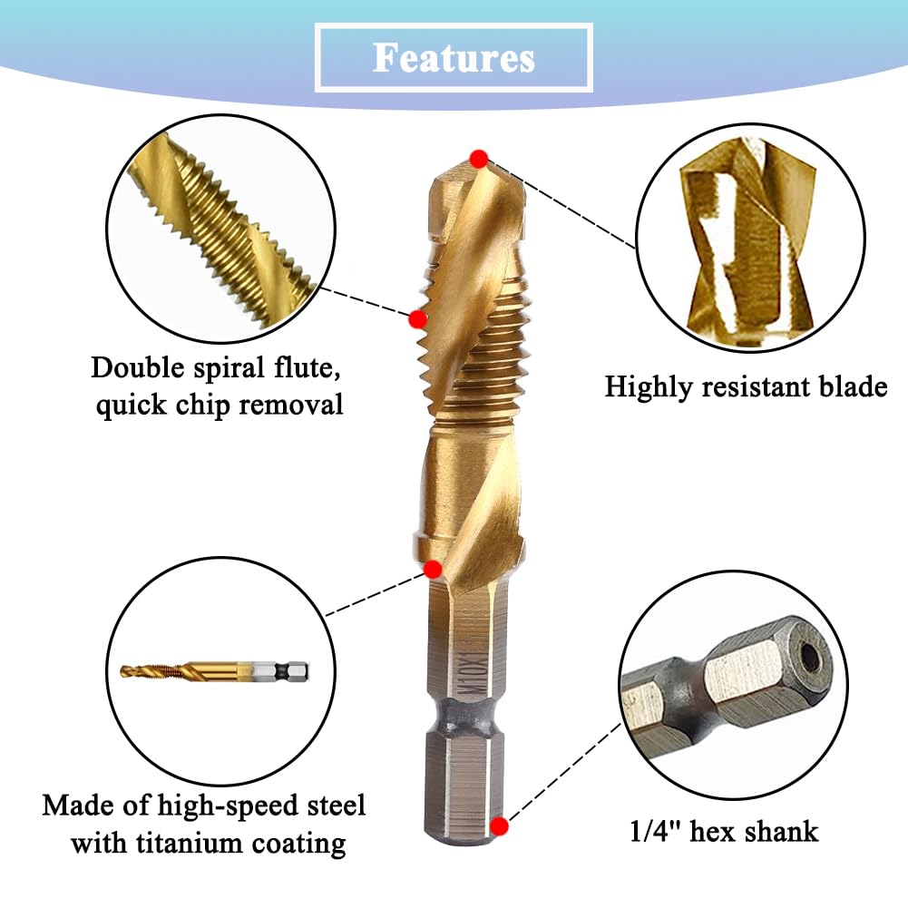 6pcs HSS Combination Drill and Tap Set - 1/4 Inch Hex Shank Screw Tapping Bit Titanium Coated Tap Drill Bit M3 M4 M5 M6 M8 M10