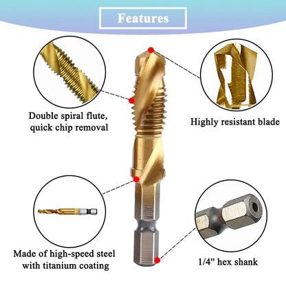 6pcs HSS Combination Drill and Tap Set - 1/4 Inch Hex Shank Screw Tapping Bit Titanium Coated Tap Drill Bit M3 M4 M5 M6 M8 M10