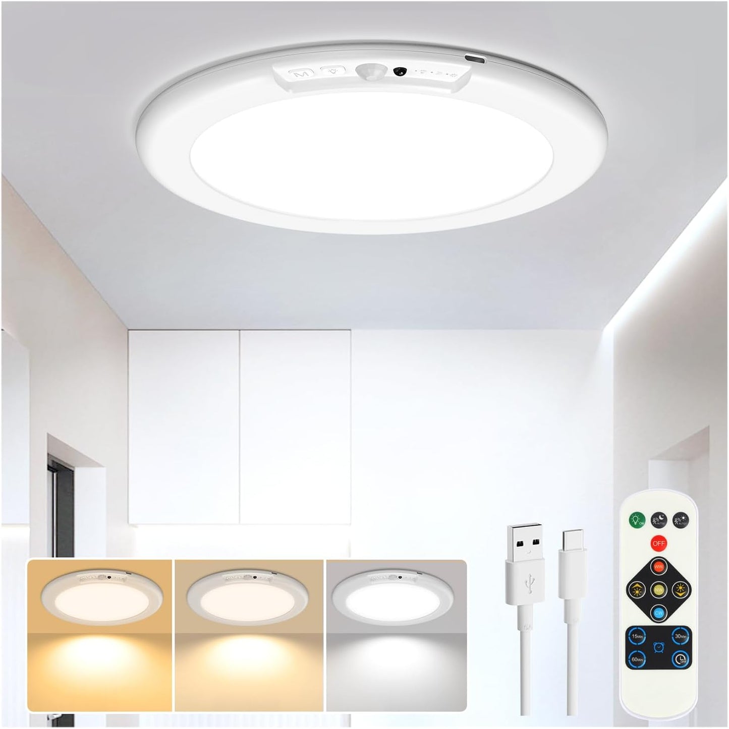 Rechargeable Motion Sensor Ceiling Light, Wireless Ceiling Lights Battery Operated Closet Light with Remote