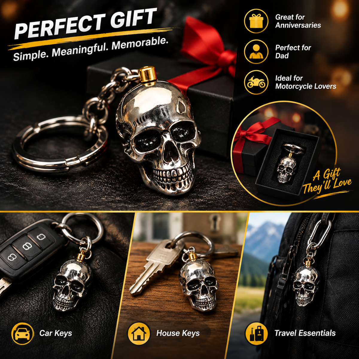 2PCS 3D Skull Heavy-Duty Metal Biker Keychain