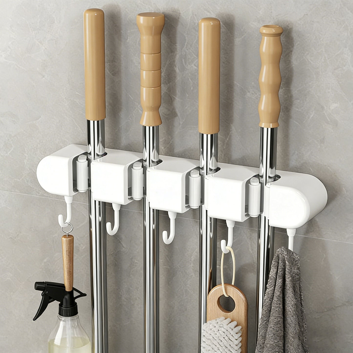 No-Drilling Self-Adhesive Mop and Broom Storage Rack (4 Racks with 5 Hooks)