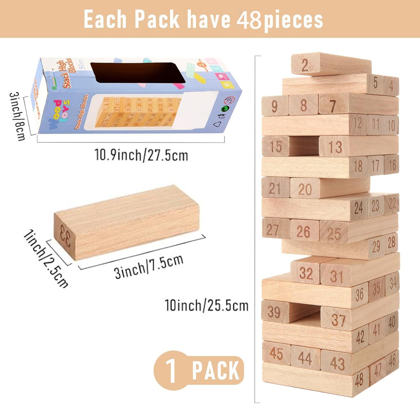 Tumbling Tower Game - 48 Pieces Wooden Blocks Stacking Tumbling Tower Game