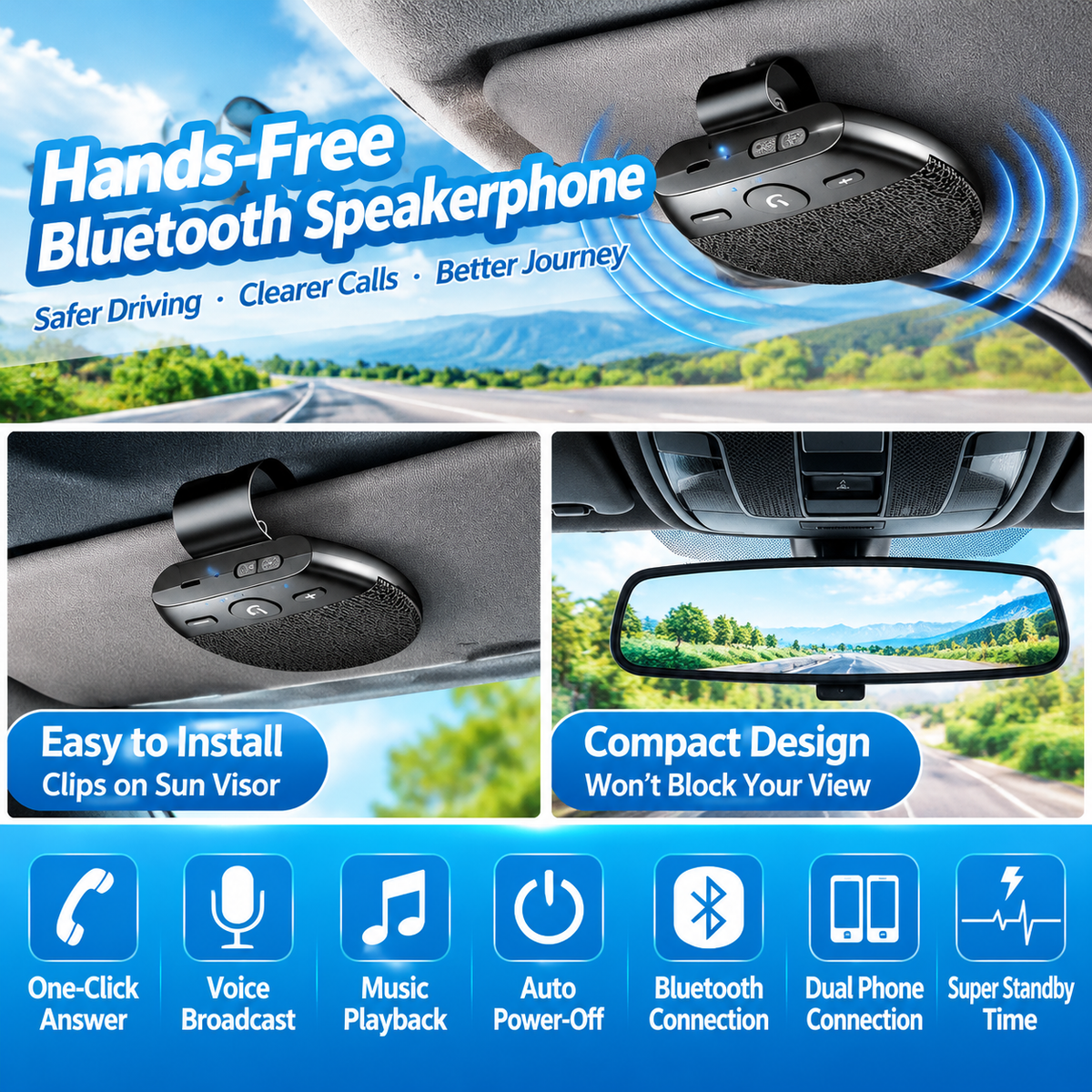 Bluetooth 5.0 Wireless Car Sun Visor Hands-Free Kit