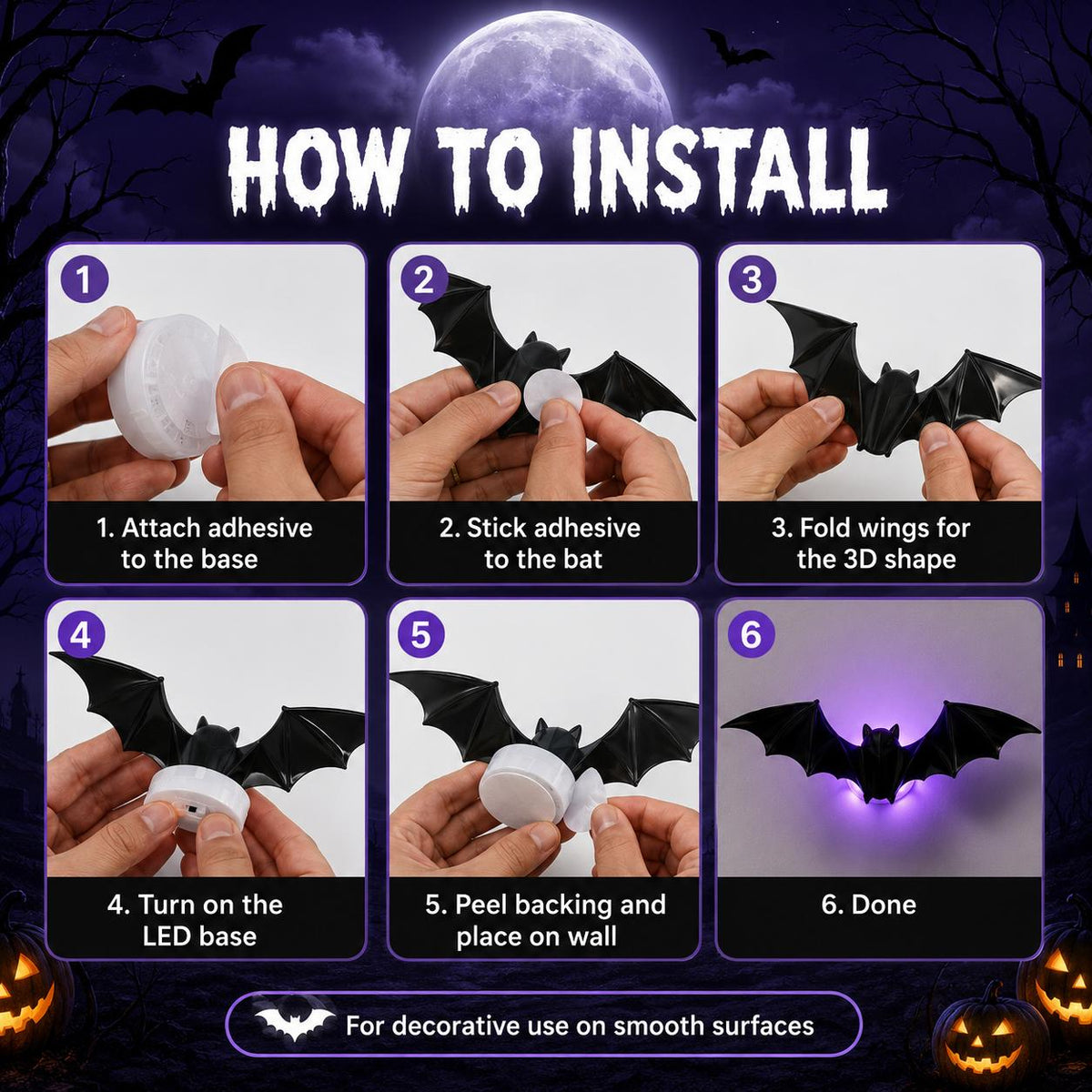 12PCS 3D Bat Light LED Decorations, 12pcs Halloween Spooky Ornaments