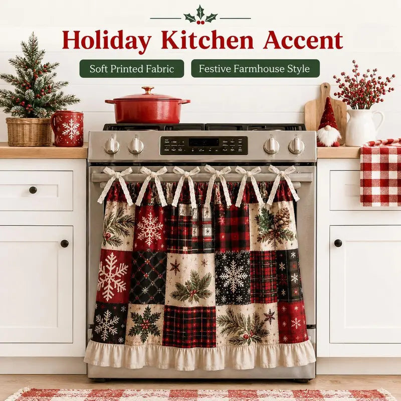 Christmas Stove Skirt, Patchwork Oven Curtain with Ruffled Trim and Bow Tie Accents