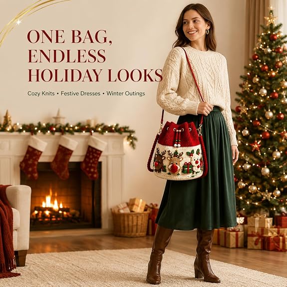 Christmas Crochet Bucket Crossbody Bag with Drawstring