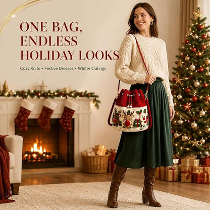 Christmas Crochet Bucket Crossbody Bag with Drawstring