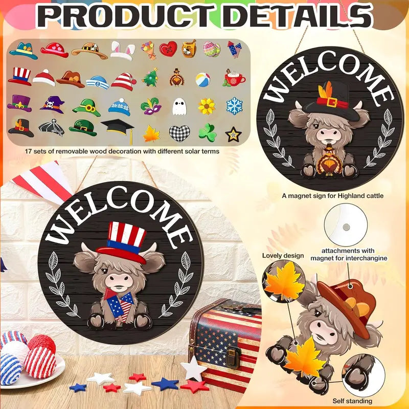 Highland Cow-Shaped Interchangeable Welcome Sign