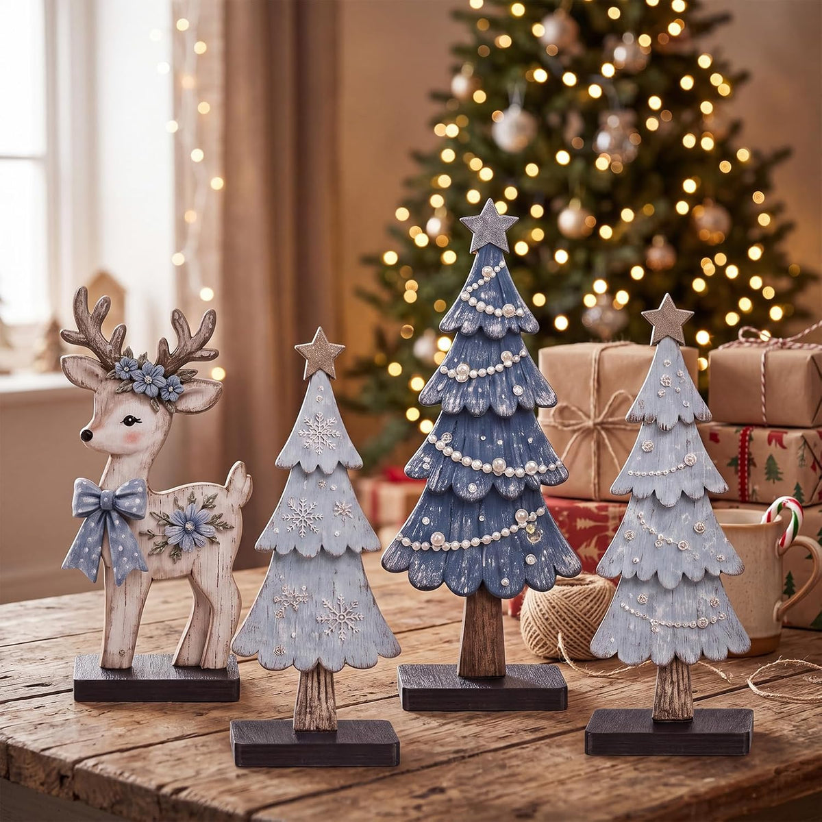 7 Pcs Christmas Table Decor Wooden Snowman Tree Deer Decor