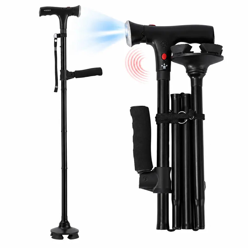 Foldable Smart Cane for Seniors, Adjustable Walking Stick with LED Light