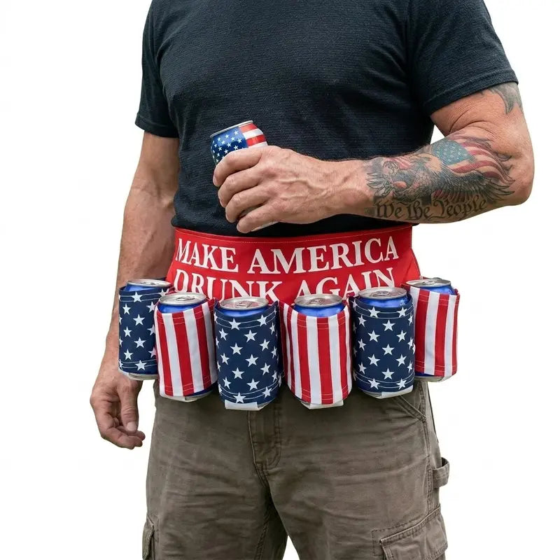 Patriotic USA Flag 6 Pack Can Holder Drink Belt, Classic Drinkware, Adjustable Holster for Men