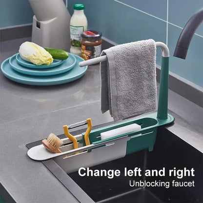 Adjustable Telescopic Sink Organizer with Cloth Hanging Rod