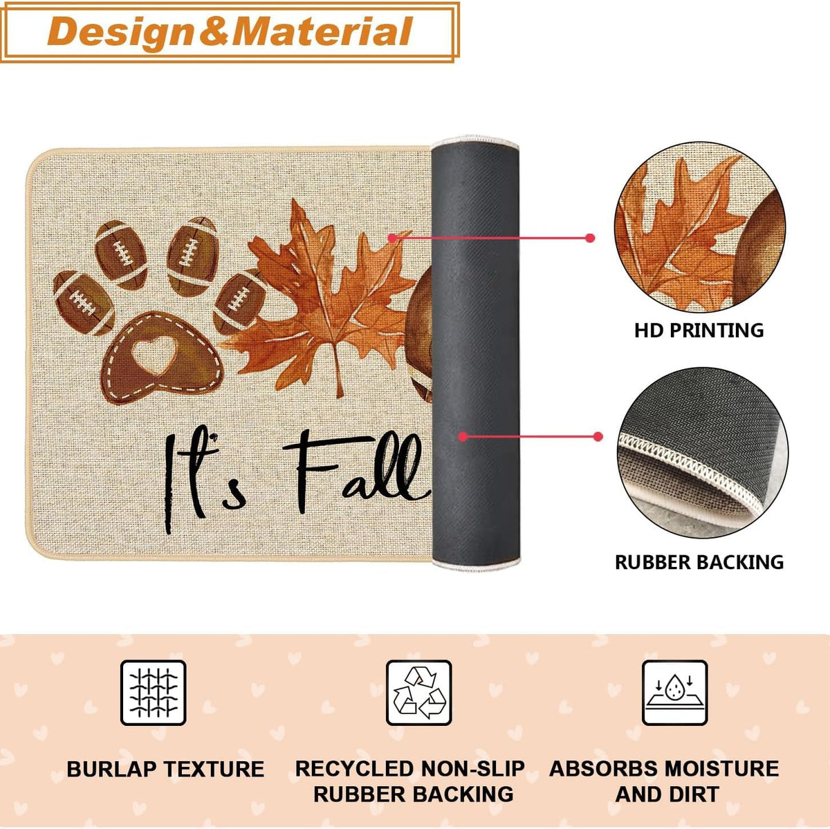2 Pcs Autumn Pumpkin Football Maple Leaf Floor Mat Set