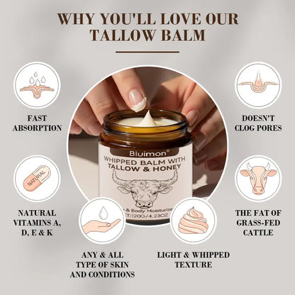 Whipped Tallow Honey Skin Balm, Organic Grass-Fed Tallow Moisturizing Cream for Face & Body
