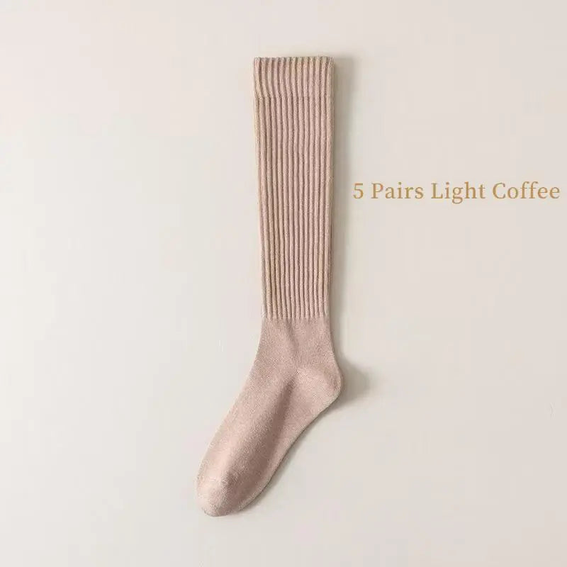 Women's 5-Pair Pack Thermal Thickened Mid-Calf Socks – Slim-Fit Solid Color with Side Stripe