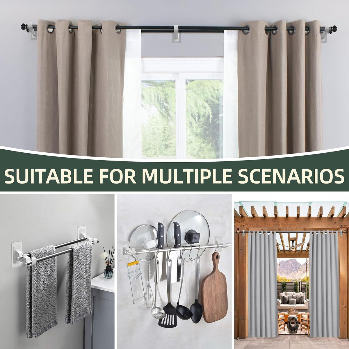 2-Pack No-Drill Double Curtain Rod Brackets