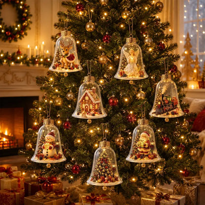 Miniature festive scene Christmas tree with glowing bell decoration
