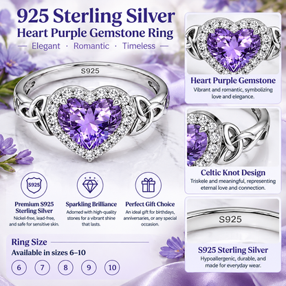Women's 925 Sterling Silver Heart Shaped Amethyst Ring
