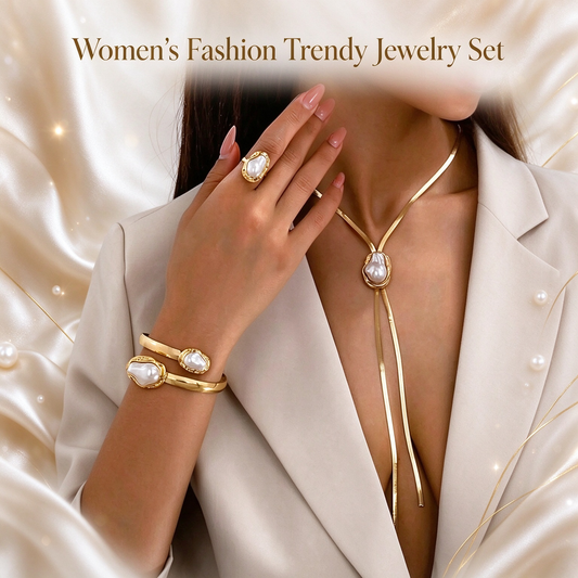 3 Piece Set Luxury Snake Chain Vintage Pearl Necklace Pendants Earrings Ring Bracelet