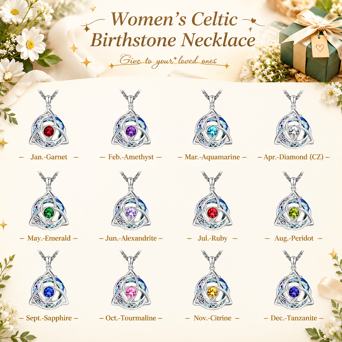 Women's Celtic Birthstone Necklace - Trinity Knot-Triquetra Crescent Moon Pendant